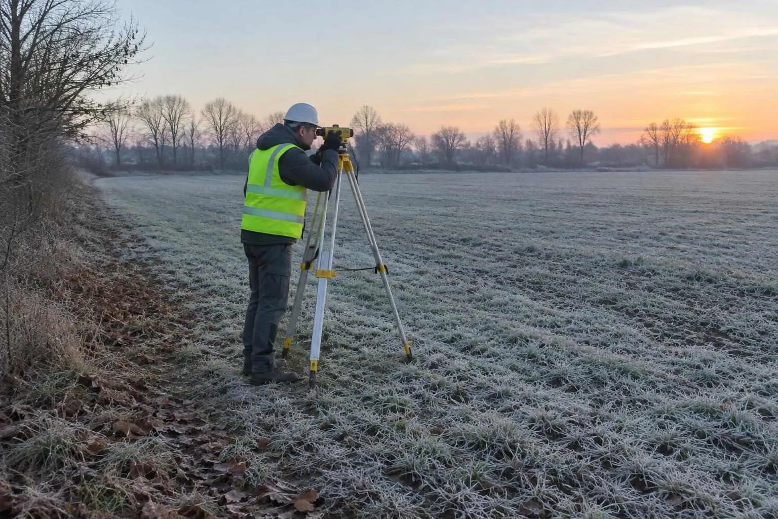 Surveyor in a vest and hard hat sights through a tripod-mounted level beside a frosty winter field at dawn.