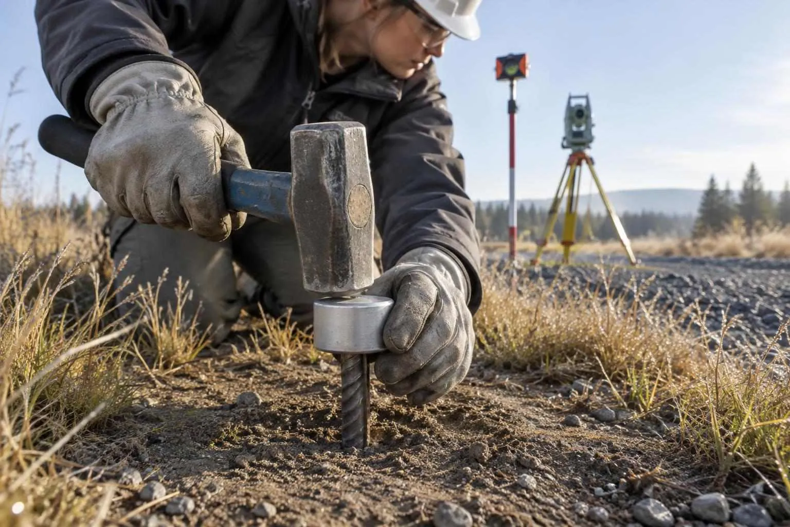 Gloved hands tap an aluminium cap onto a steel rebar at a lot corner while a total station stands blurred behind.