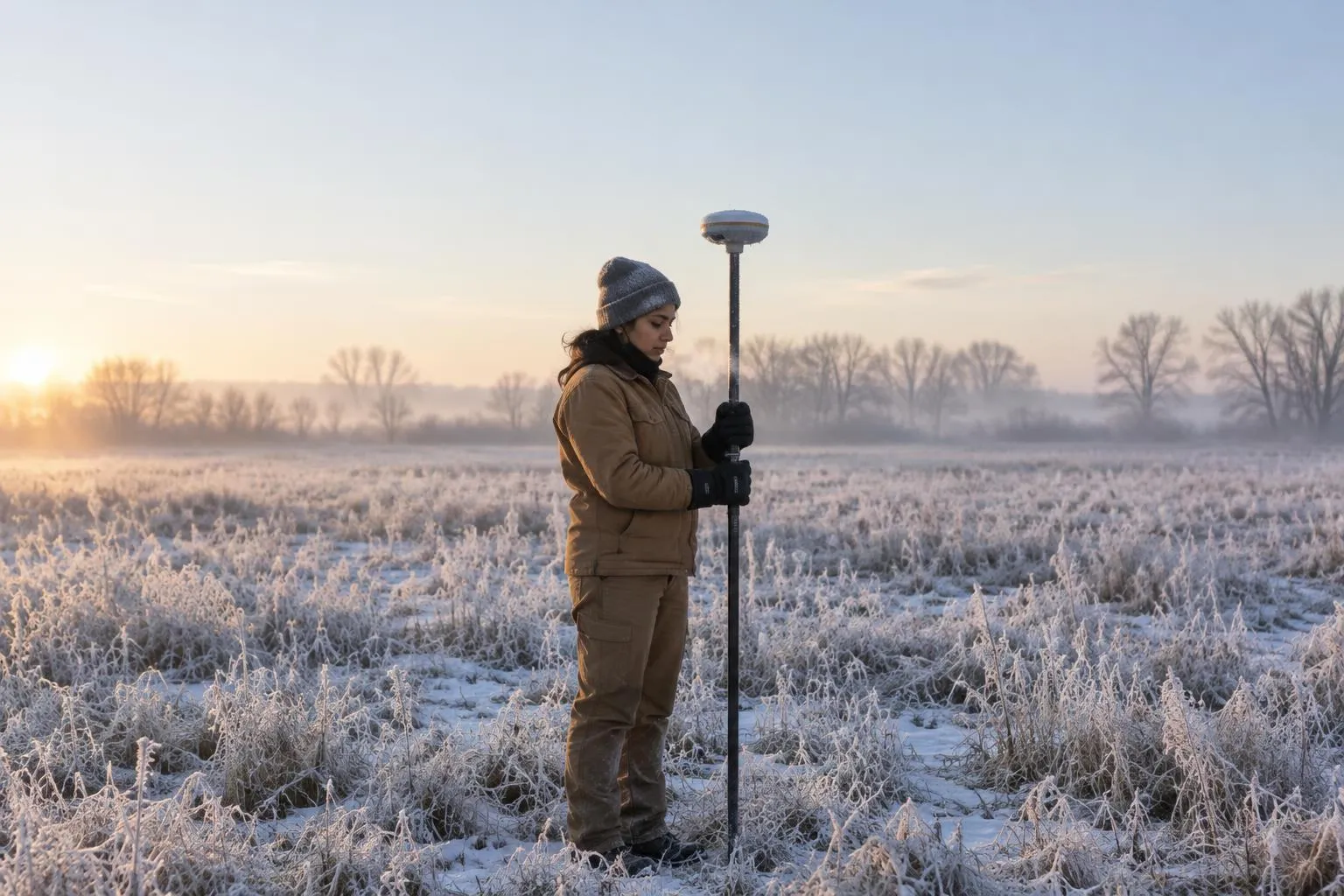Surveyor in a brown parka holds a frost-covered GNSS rover pole in a white, frozen field at dawn, her breath visible.