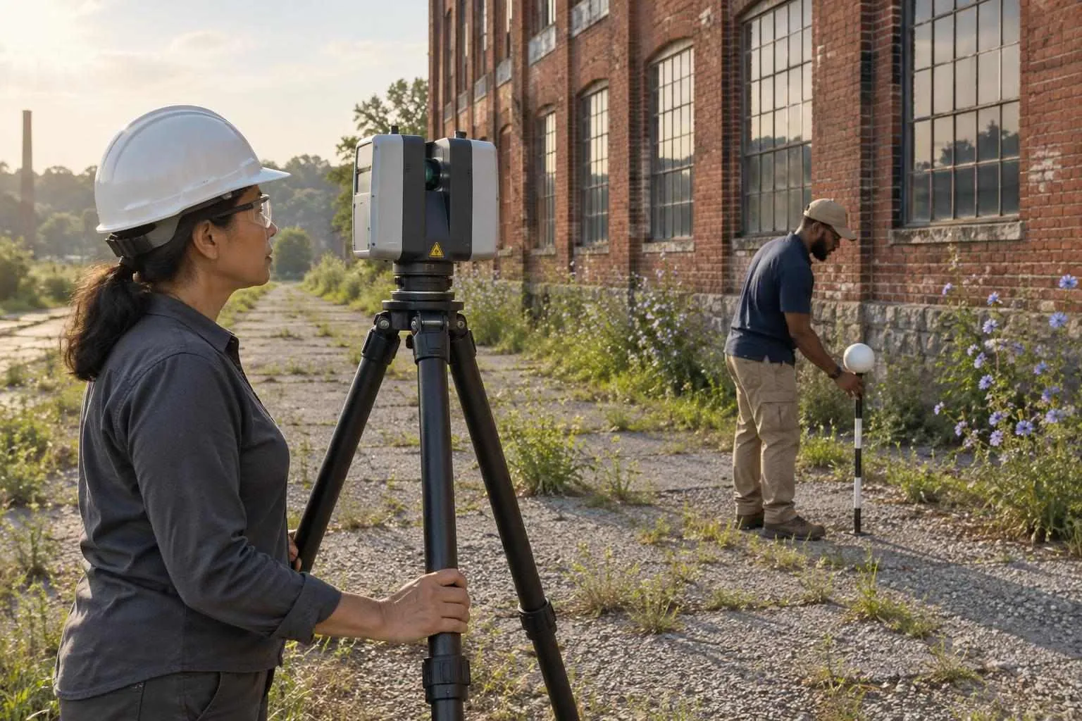 Two surveyors work beside a laser scanner on a tripod as it scans a red-brick mill building on a warm late-summer afternoon.