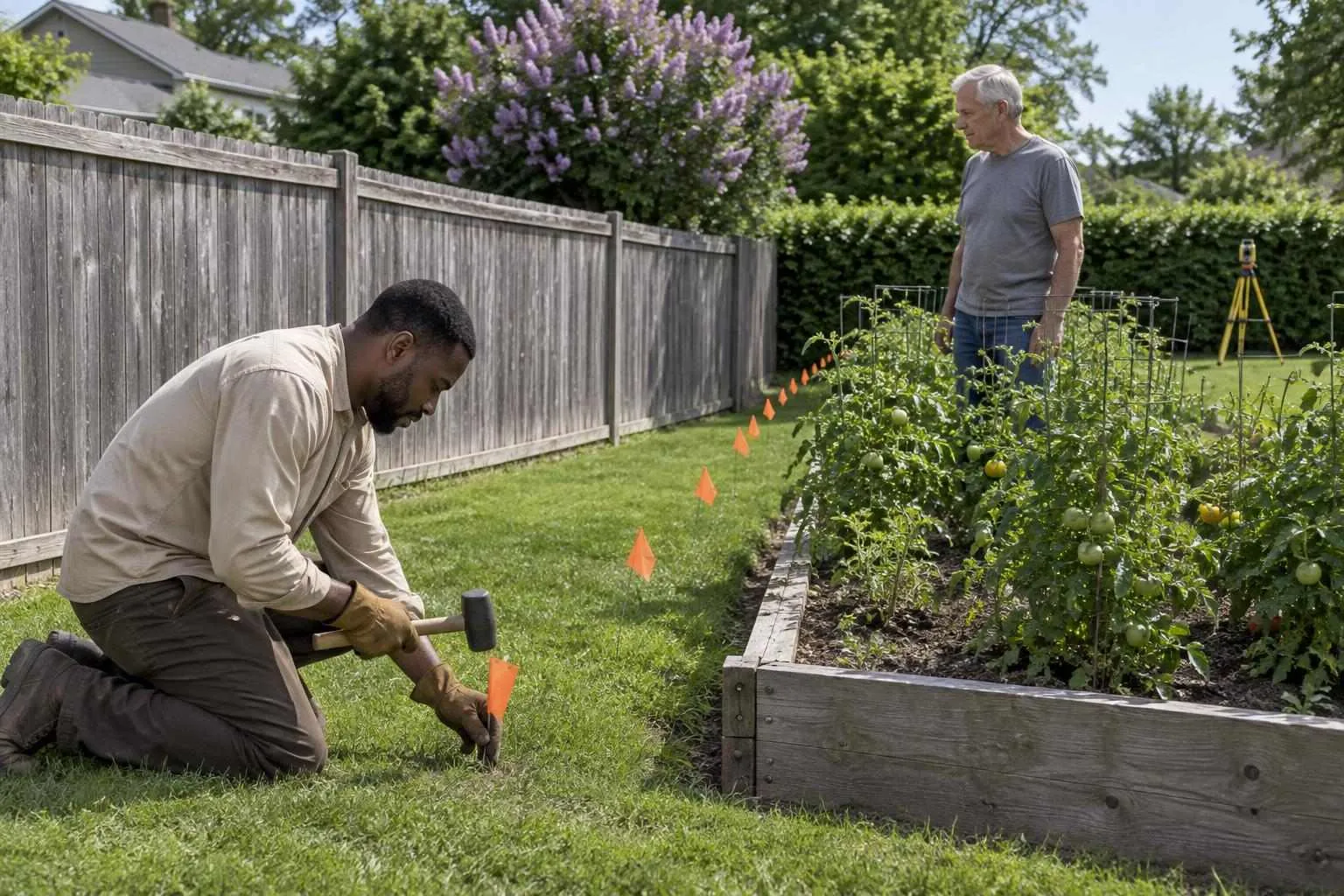Surveyor planting an orange pin flag along a boundary line that angles away from a leaning fence, as a neighbour watches from his garden bed.